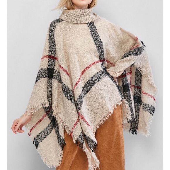 ❣️SALE❣️NEW!Plaid poncho turtleneck gray-brown plaid - Picture 12 of 14